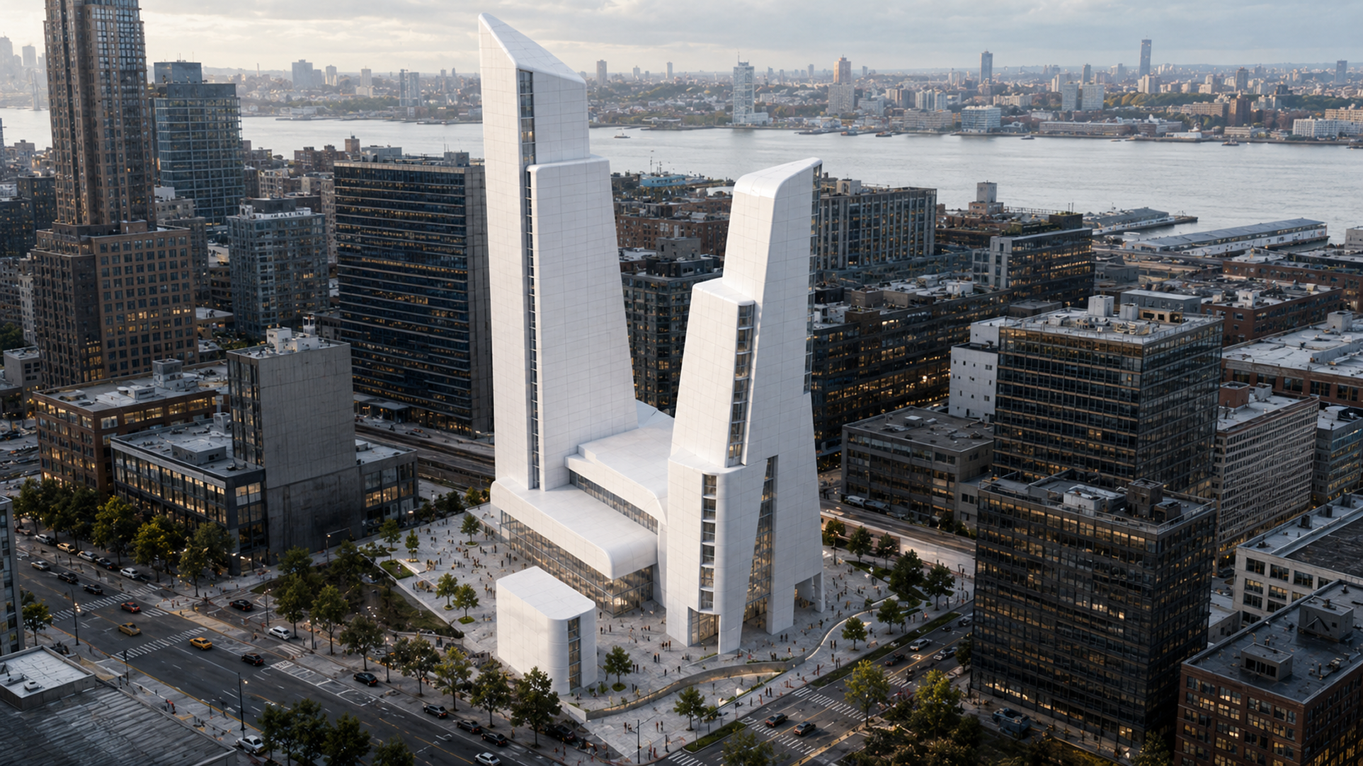 Photoreal dusk render of twin tower scheme